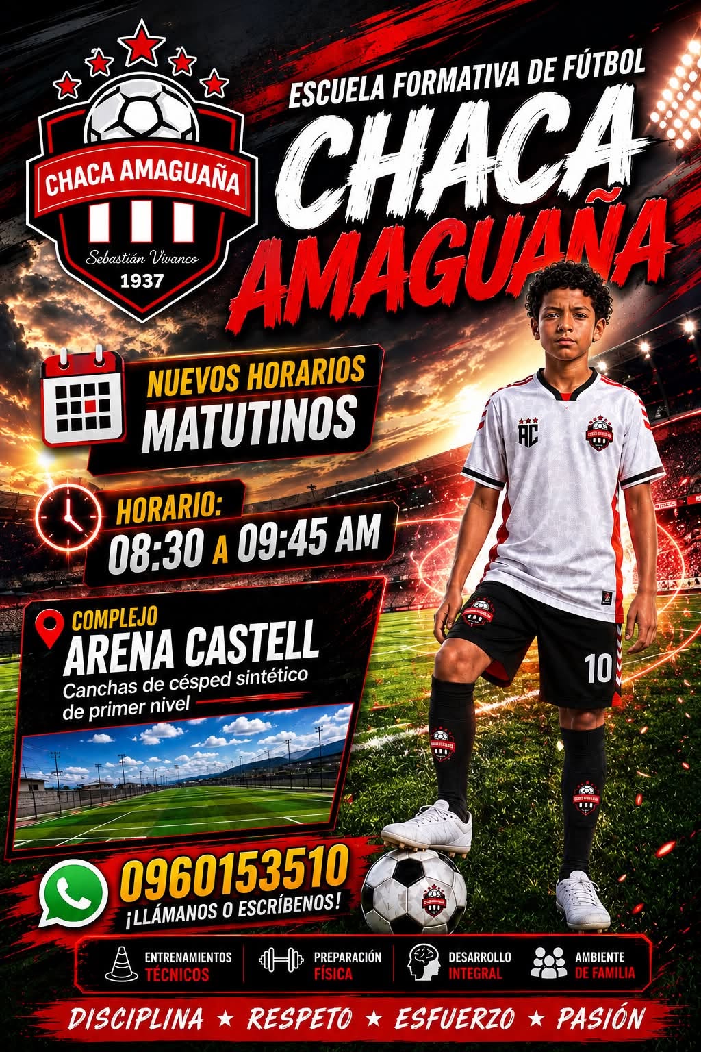 Flyer de Chaca Amaguaña: horario matutino de 08:30 a 09:45 y contacto 096 015 3510